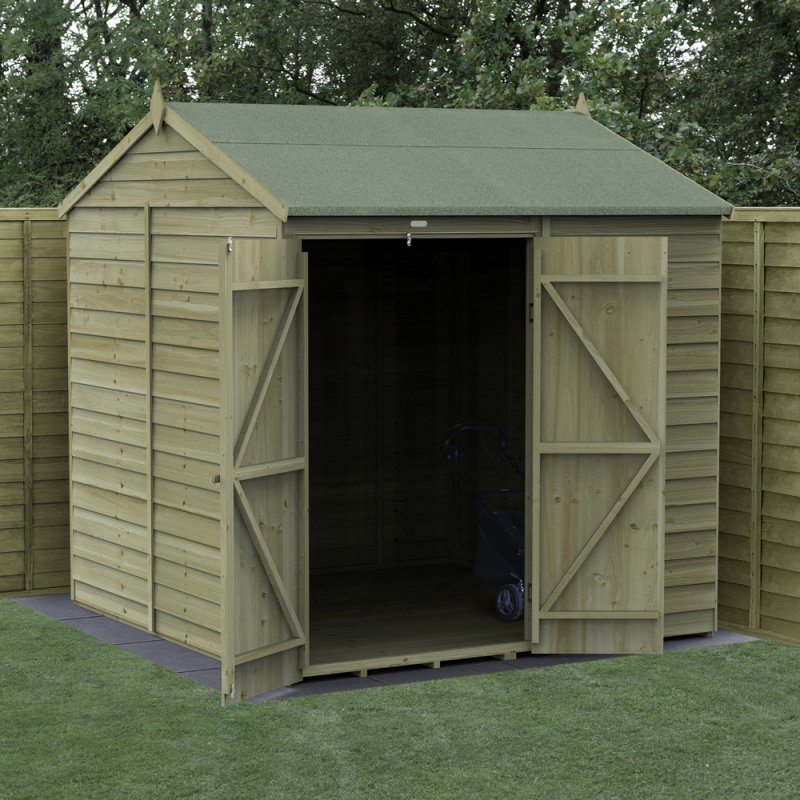 7x7 Forest 4Life Reverse Apex Windowless Shed with Double Doors - in situ, angle view, doors open