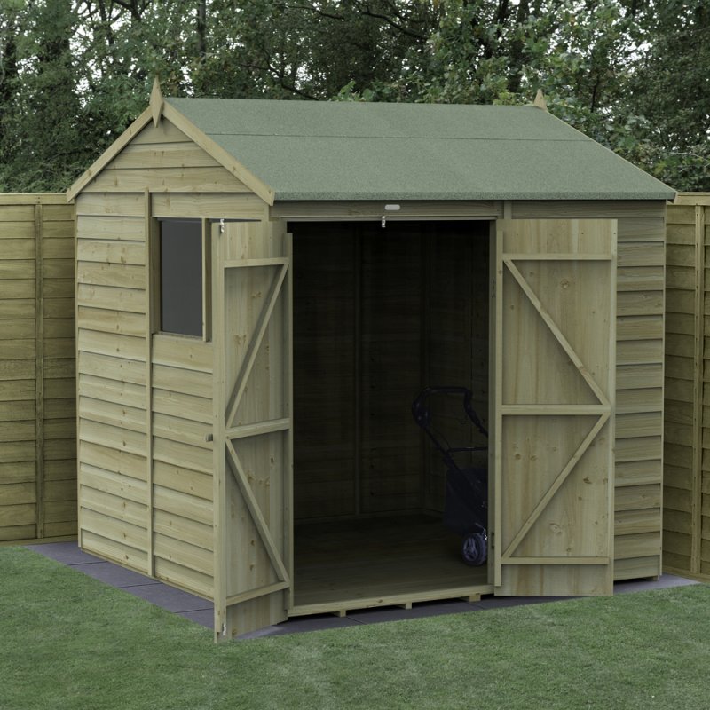 7x7 Forest 4Life Reverse Apex Shed with Double Doors - in situ, angle view, doors open