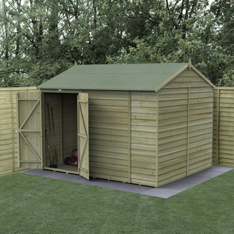 10x8 Forest 4Life Reverse Apex Windowless Shed with Double Doors - in situ, angle view