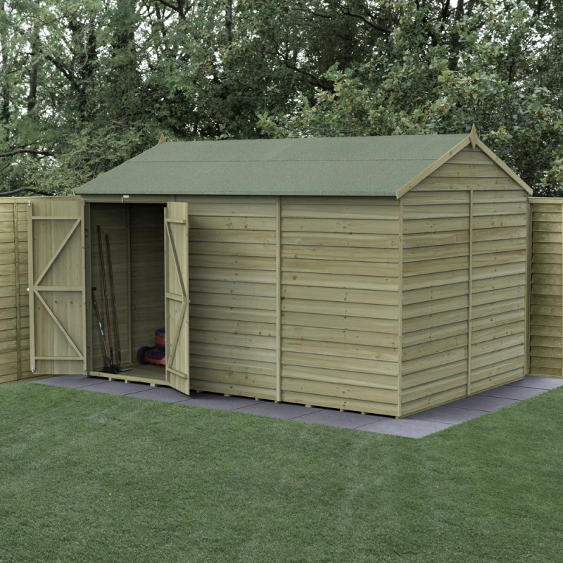12x8 Forest 4Life Reverse Apex Windowless Shed with Double Doors - in situ, angle view