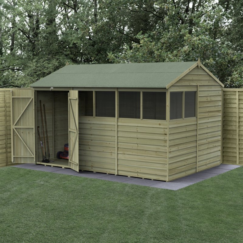 12x8 Forest 4Life Reverse Apex Shed with Double Doors - in situ, angle view