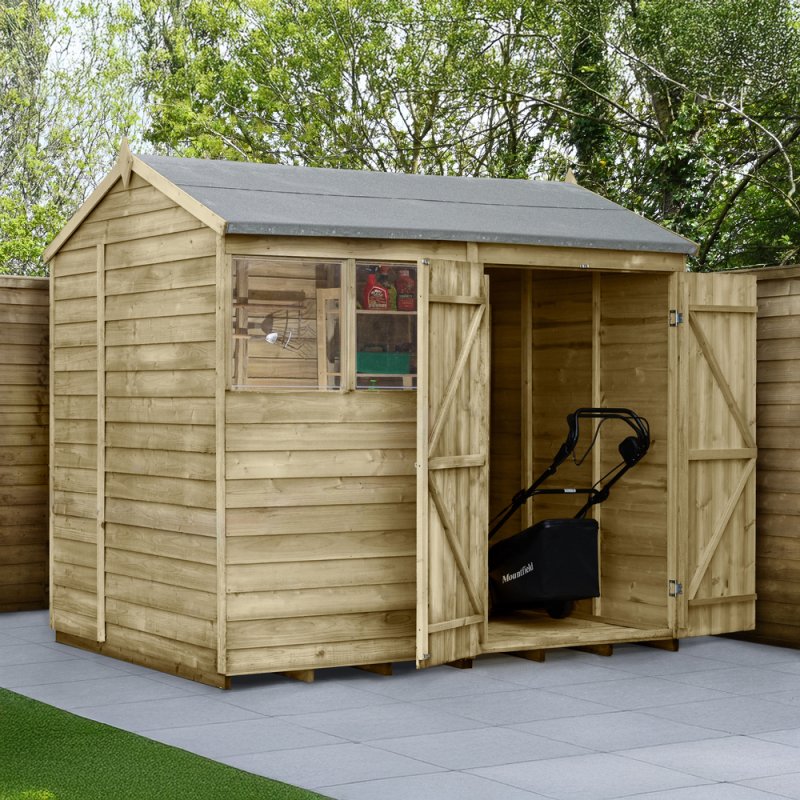 8x6 Forest 4Life Reverse Apex Shed with Double Doors - in situ, angle view