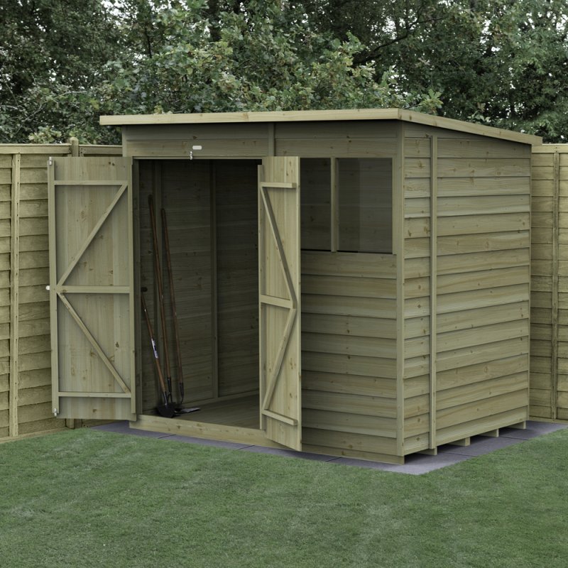 7x5 Forest 4Life Pent Shed with Double Doors - in situ, angle view