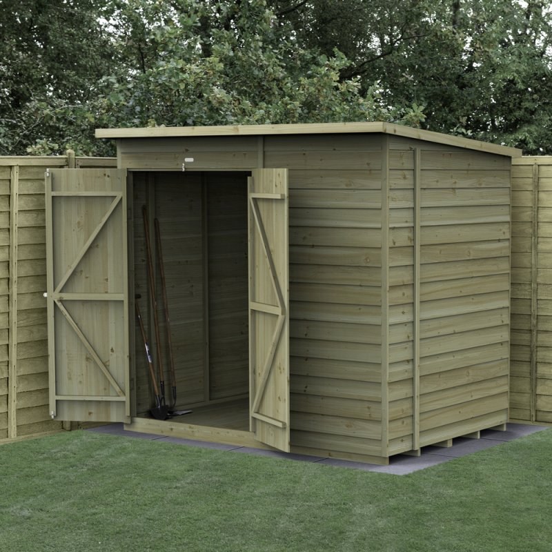 7x5 Forest 4Life Pent Windowless Shed with Double Doors - in situ, angle view