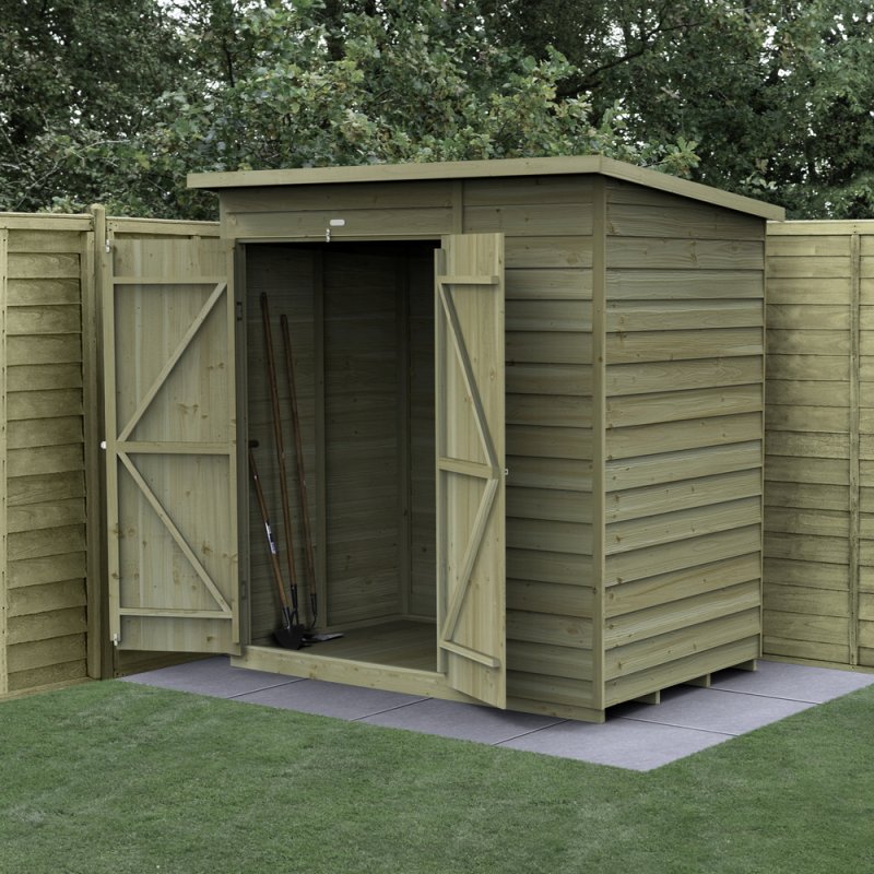 6x4 Forest 4Life Pent Windowless Shed with Double Doors - in situ, angle view