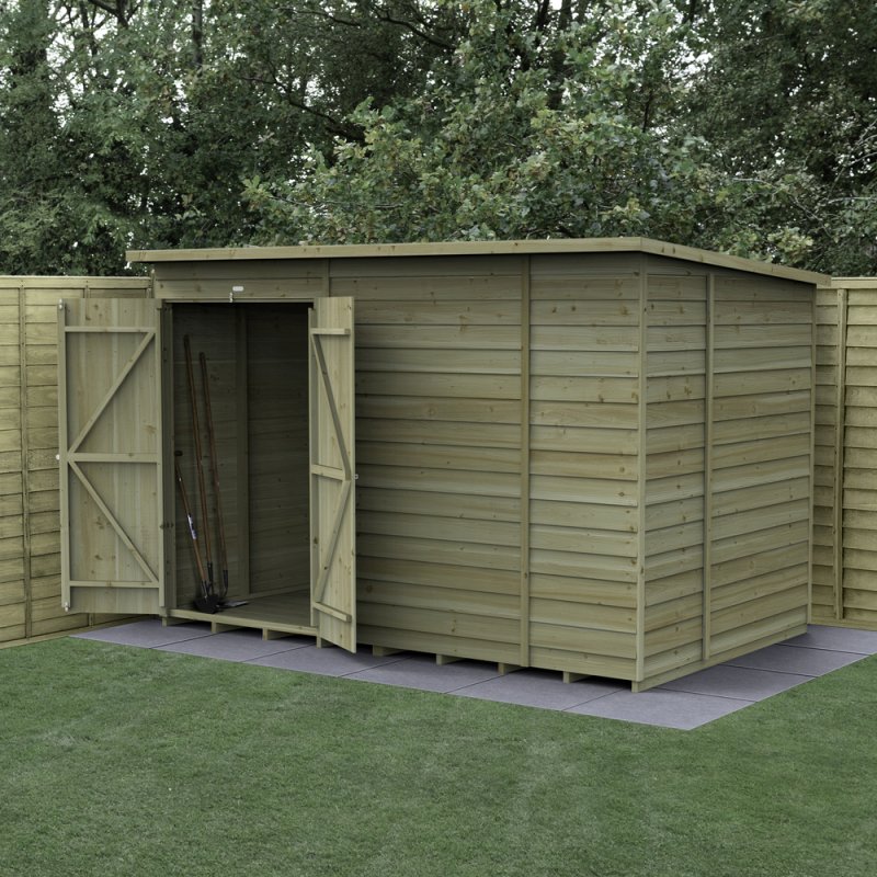 10x6 Forest 4Life Pent Windowless Shed with Double Doors - in situ, angle view