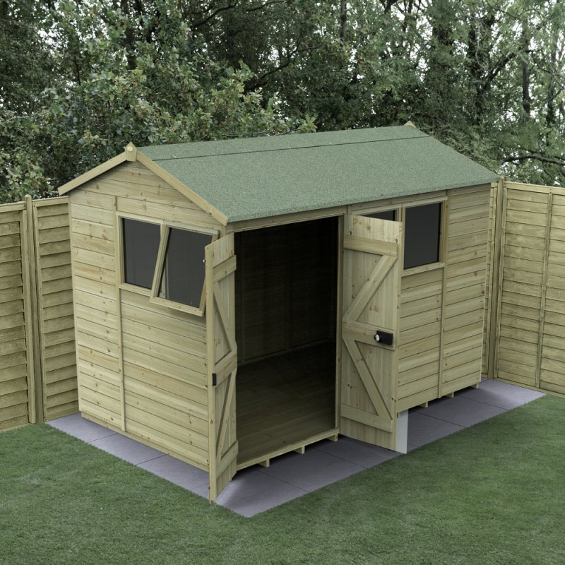 Forest Timberdale reverse apex shed 10x6 with double doors open on decking