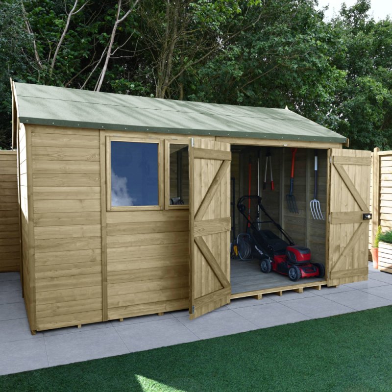 12x8 Forest Timberdale Tounge and Groove Reverse Apex Shed With Double Doors - in situ