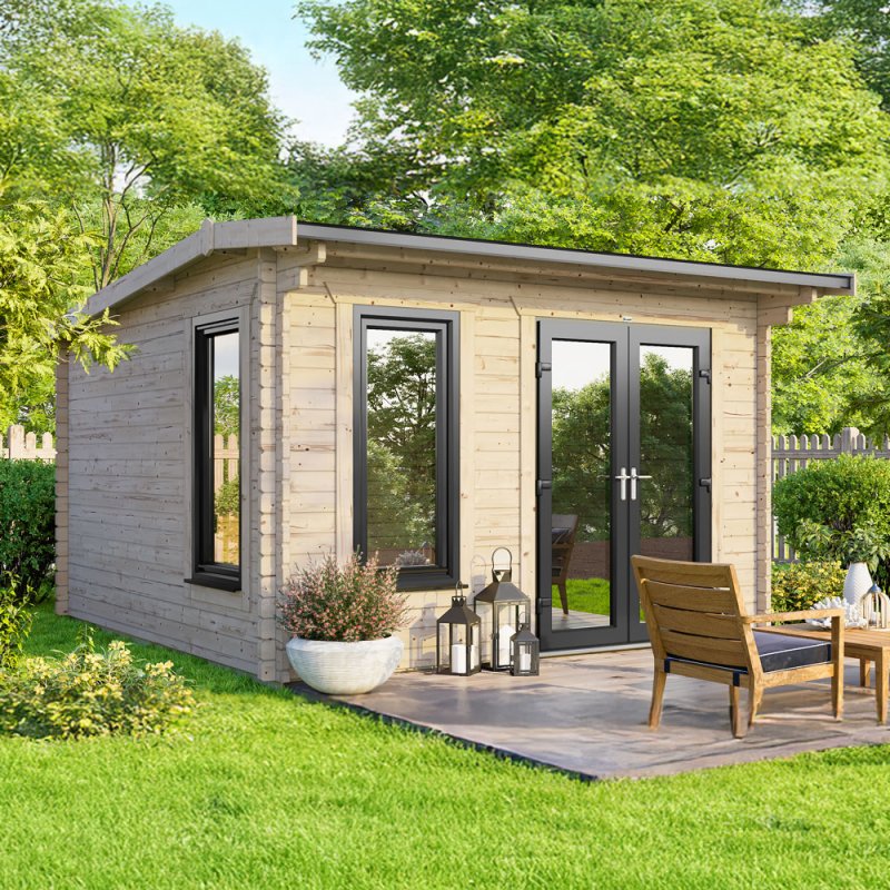Front gable view of the 12 x 10 Powersheds apex log cabin in 44mm timber thickness featuring uPVC double doors positioned on the right hand side.