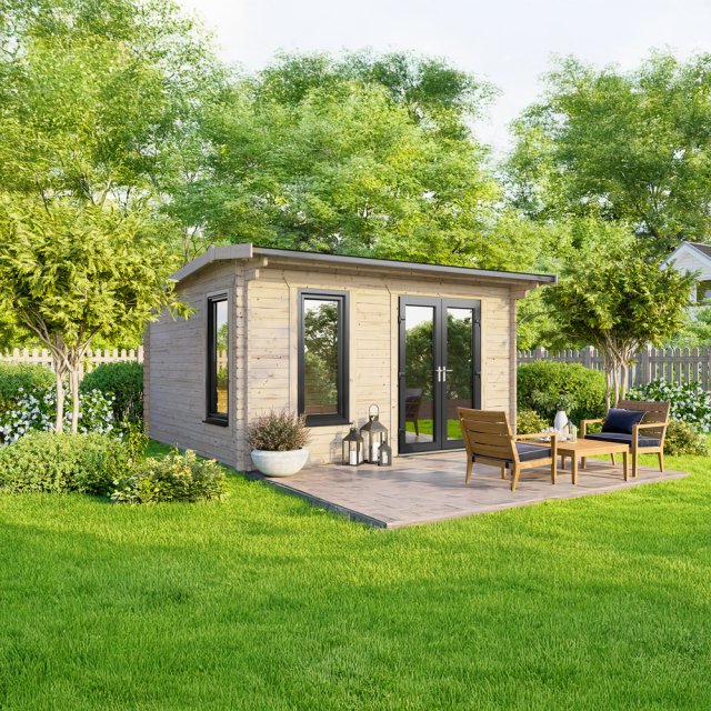 14 x 10 Powersheds Apex Log Cabin In 44mm Log Thickness with uPVC -  insitu - angle view - Doors to the right