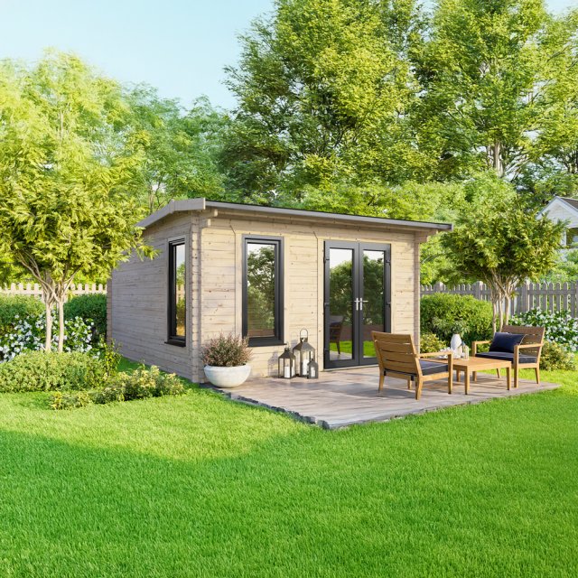 14 x 12 Powersheds Apex Log Cabin In 44mm Log Thickness with uPVC -  insitu - angle view - Doors to the right