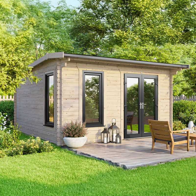 Front gable view of the 14 x 12 Powersheds apex log cabin in 44mm timber thickness featuring uPVC double doors positioned on the right hand side.