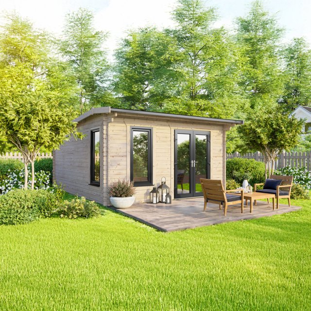 14 x 14 Powersheds Apex Log Cabin In 44mm Log Thickness with uPVC - in situ - angle view - Doors to the right