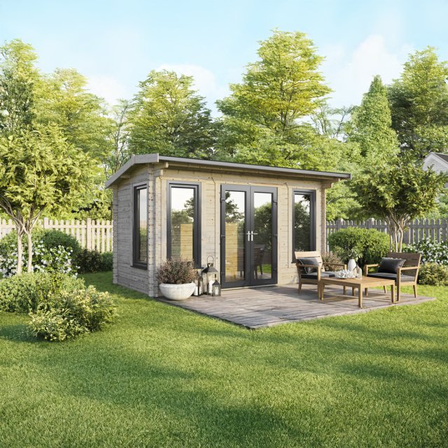 16 x 8 Powersheds Apex Log Cabin In 44mm Log Thickness with uPVC -  insitu - angle view - Doors central