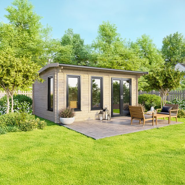 16 x 10 Powersheds Apex Log Cabin In 44mm Log Thickness with uPVC -  insitu - angle view - Doors to the right