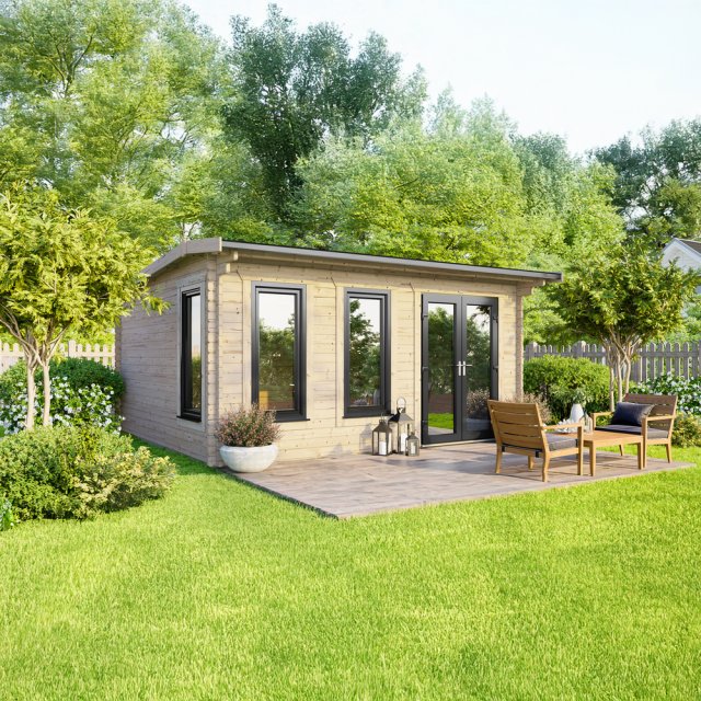 16 x 12 Powersheds Apex Log Cabin In 44mm Log Thickness with uPVC - insitu - angle view - Doors to the right