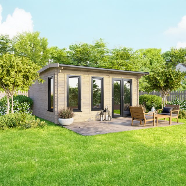 16 x 14 Powersheds Apex Log Cabin In 44mm Log Thickness with uPVC - insitu - angle view - Doors to the right