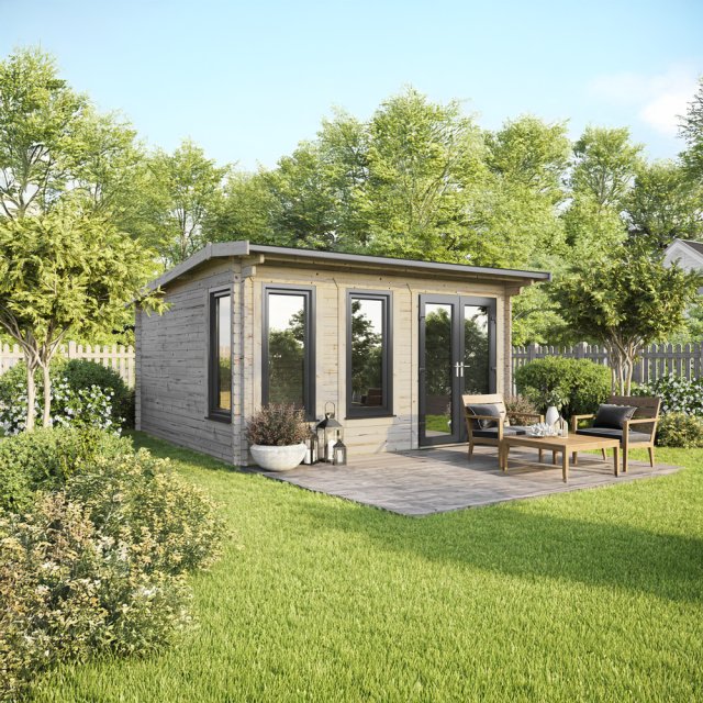 16 x 16 Powersheds Apex Log Cabin In 44mm Log Thickness with uPVC -  insitu - angle view - Doors to the right