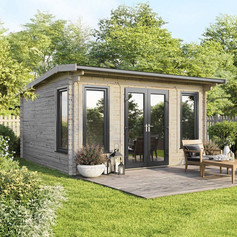 The 16 x 16 Powersheds Apex Log Cabin in 44mm log with uPVC situated in a garden with the doors located in the centre of the apex front.