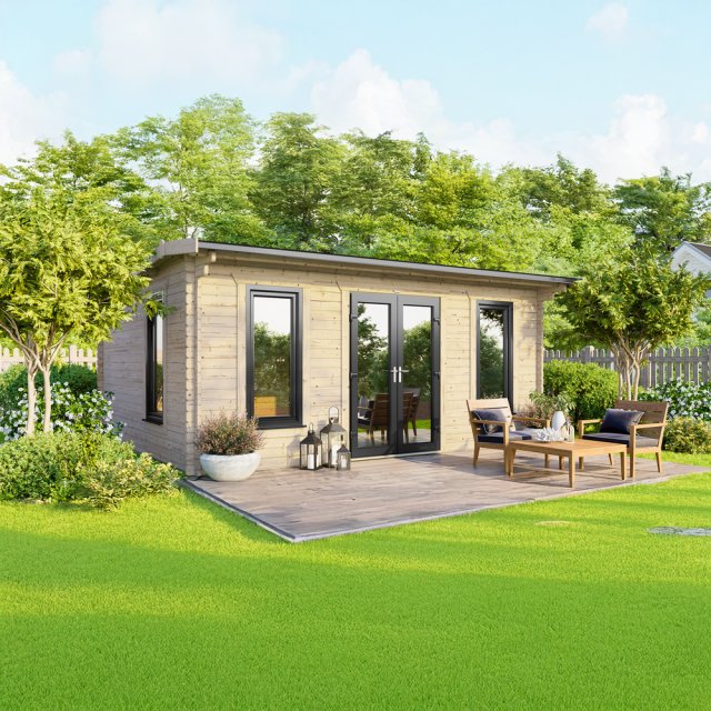 18 x 12 Powersheds Apex Log Cabin In 44mm Log Thickness with uPVC -  insitu - angle view - Doors central