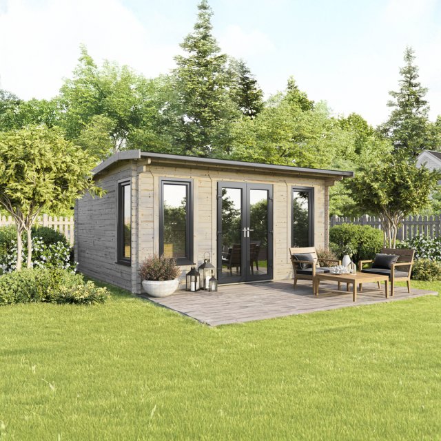 18 x 16 Powersheds Apex Log Cabin In 44mm Log Thickness with uPVC -  insitu - angle view - Doors central