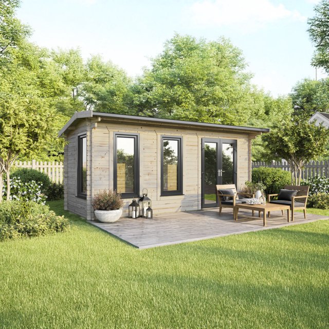 20 x 8 Powersheds Apex Log Cabin In 44mm Log Thickness with uPVC -  insitu - angle view - Doors to the right