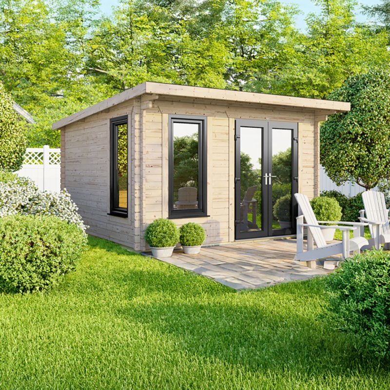 12 x 10 Powersheds Pent Log Cabin In 44mm Log Thickness with uPVC - doors to the right