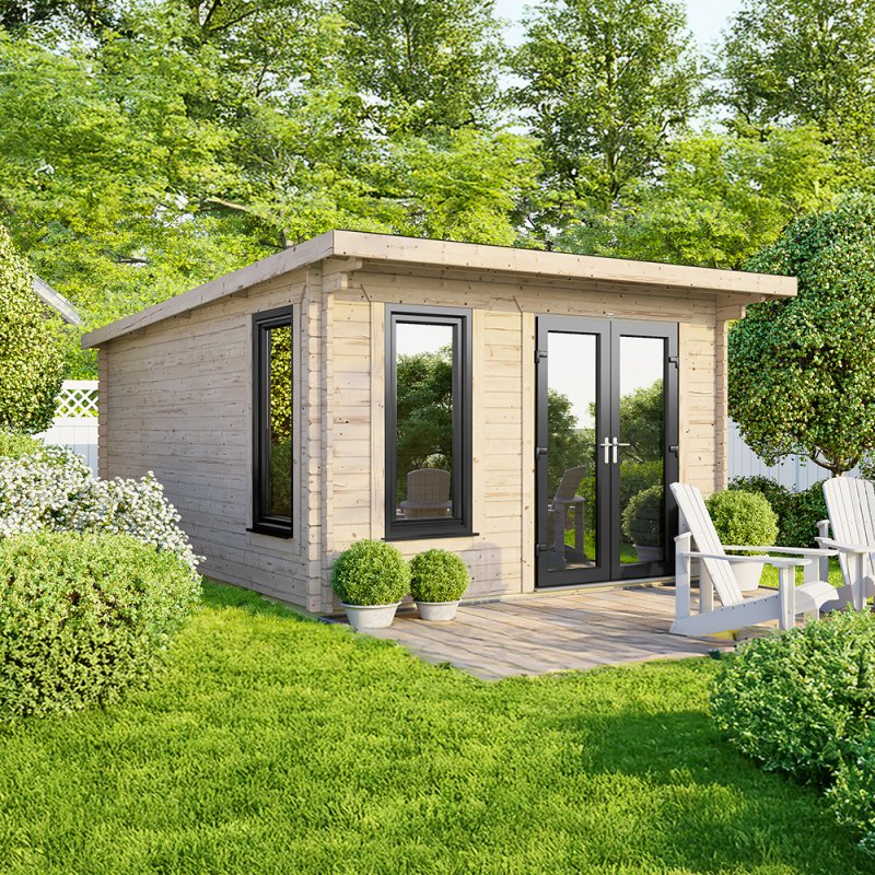 12 x 14 Powersheds Pent Log Cabin In 44mm Log Thickness with uPVC - doors to right