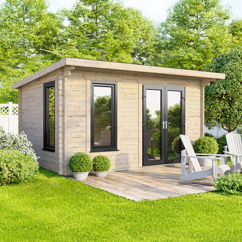 14 x 8 Powersheds Pent Log Cabin In 44mm Log Thickness with uPVC - doors to the right