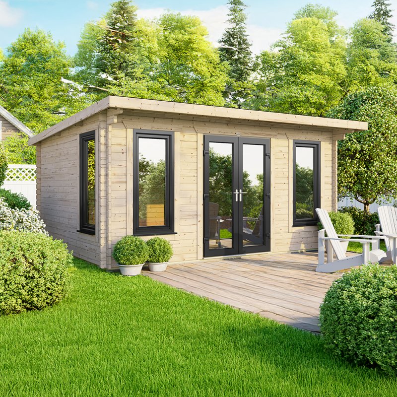 16 x 10 Powersheds Pent Log Cabin In 44mm Log Thickness with uPVC - doors central