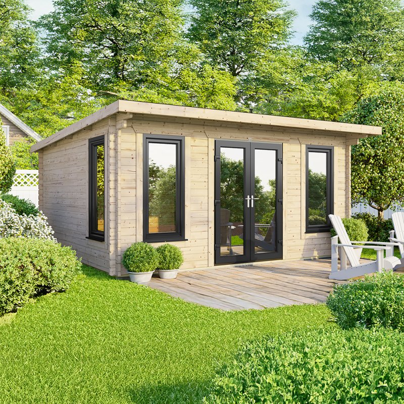 16 x 12 Powersheds Pent Log Cabin In 44mm Log Thickness with uPVC - doors central