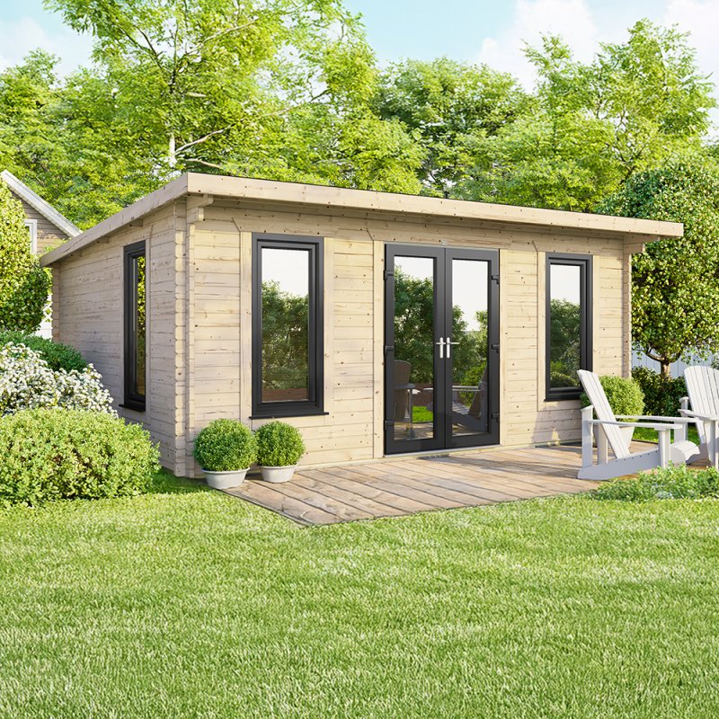18 x 14 Powersheds Pent Log Cabin In 44mm Log Thickness with uPVC - doors central