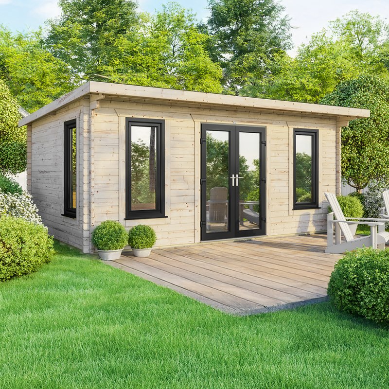20 x 14 Powersheds Pent Log Cabin In 44mm Log Thickness with uPVC - doors central
