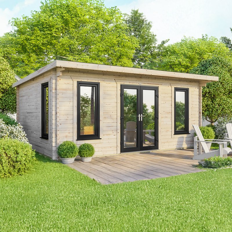 20 x 16 Powersheds Pent Log Cabin In 44mm Log Thickness with uPVC - doors central