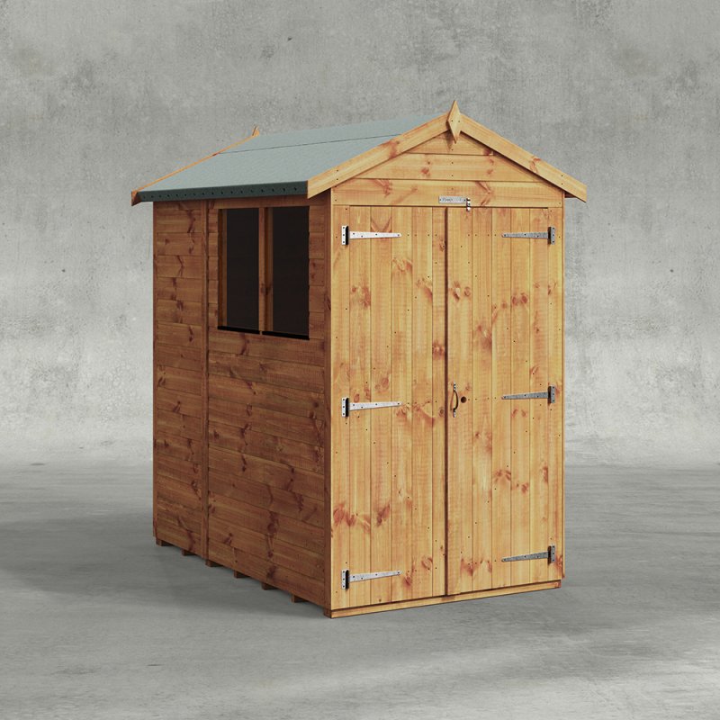 The 6 x 4 Powersheds Tongue & Groove Apex Wooden Shed shown from a front-facing angle against a plain white background.