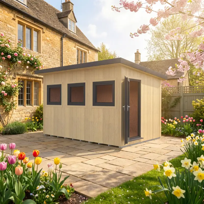 Shire SIP Fortis fully insulated garden room in a landscaped outdoor setting, highlighting quality construction and interior space.