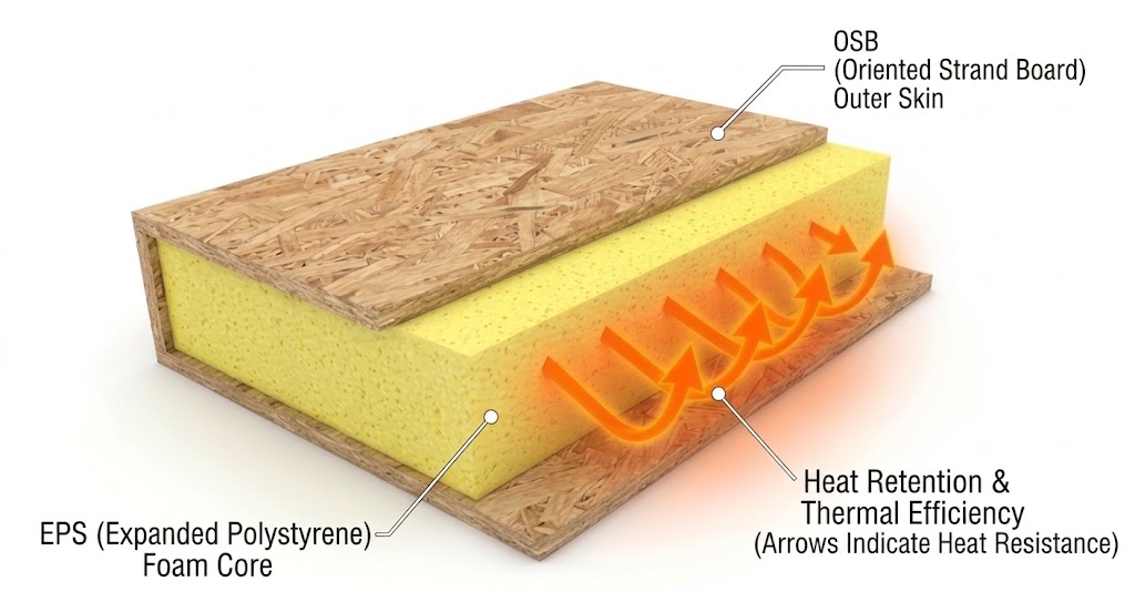 A cross-section diagram of a SIPs panel, highlighting the OSB outer layers, the EPS foam core in the middle, resists heat transfer