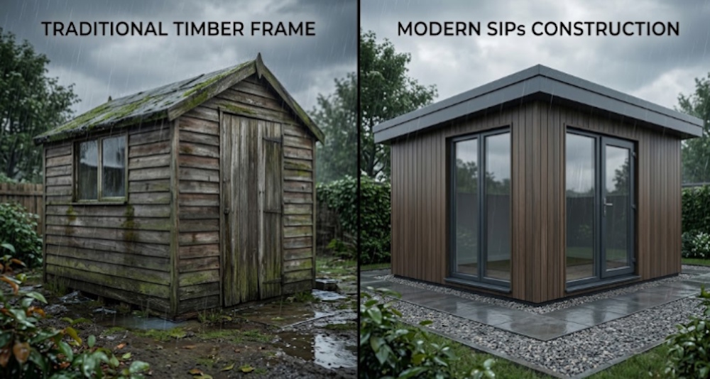 A split-screen visual showing a traditional timber frame weathering over time compared to a structurally sound SIPs garden building remaining pristine after years of use.